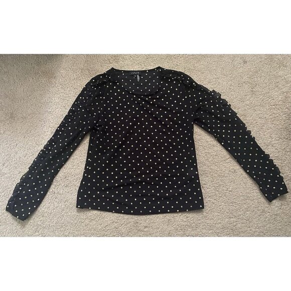 1.State Women's Black Gold Dot Sheer Long Sleeve Ruffle Seam Crewneck Top Size M - Picture 4 of 10